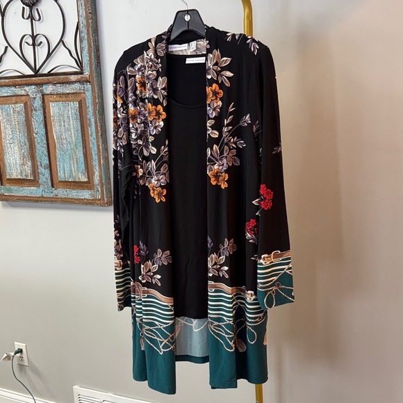 Susan Graver Black Floral Kimono and shirt set NEW L - Picture 4 of 12